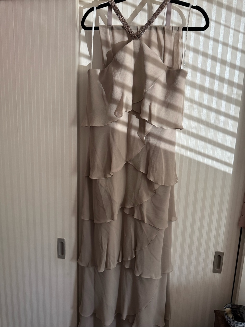 Ruffle-Tiered Halter Maxi Dress in Taupe